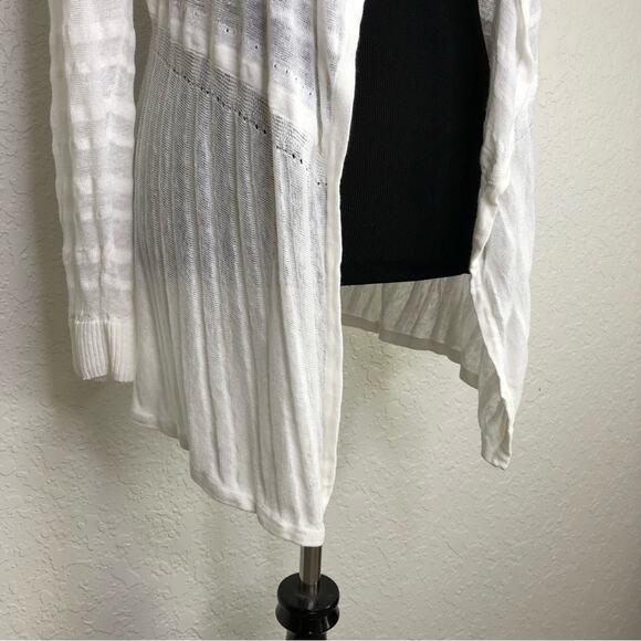 White + Warren white striped open front linen blend cardigan size Medium - Picture 3 of 16
